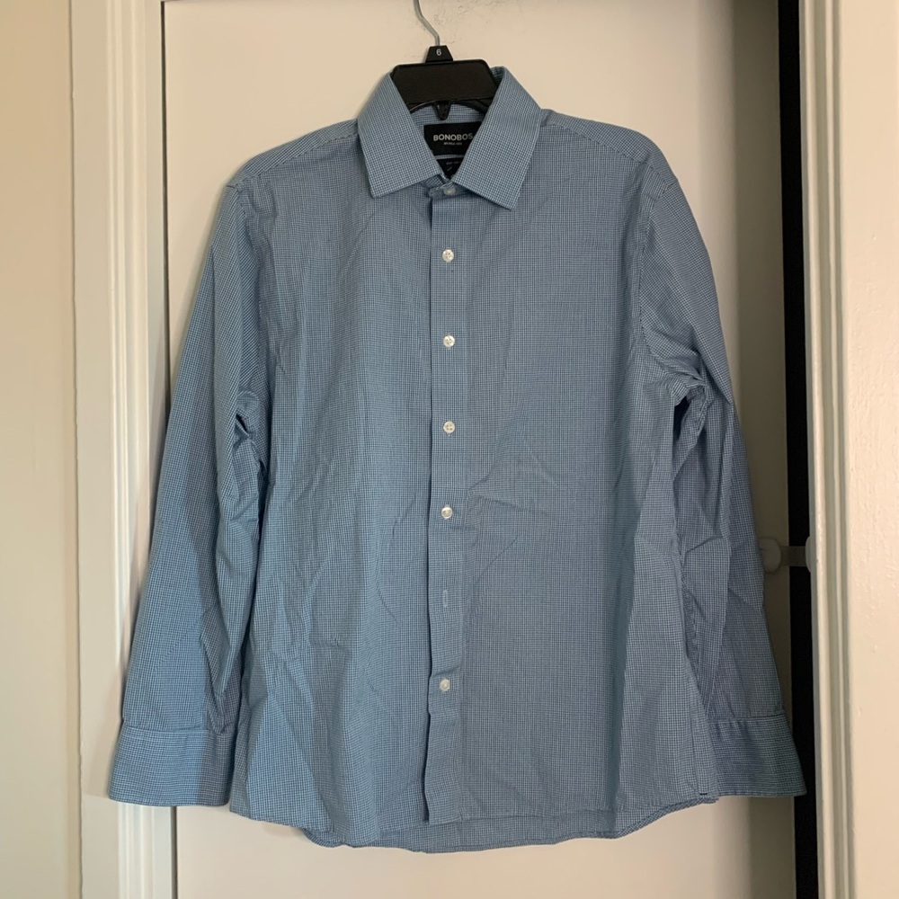 Bonobos blue & white checked long-sleeve button-down shirt, Size Medium, Men’s